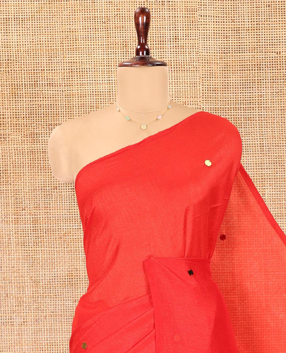Borderless Red Vichitra Silk Saree, Gleamed Up with Sequin Work on Its Body, Highlighted by a Self-Pallu of Sequin Work, and Paired with a Matching Blouse