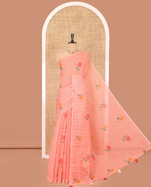Borderless Orange Linen Cotton Saree, Adorned with Checked Design and Rose Motifs on Its Body, a Self-Pallu, and Paired with a Contrast Blouse