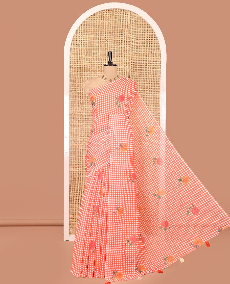 Borderless Orange Linen Cotton Saree, Adorned with Checked Design and Rose Motifs on Its Body, a Self-Pallu, and Paired with a Contrast Blouse
