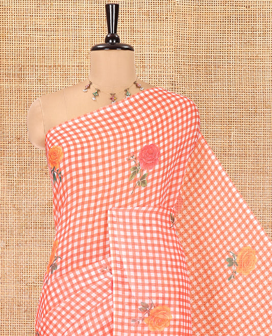 Borderless Orange Linen Cotton Saree, Adorned with Checked Design and Rose Motifs on Its Body, a Self-Pallu, and Paired with a Contrast Blouse