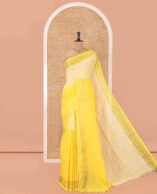 Yellow Khadi Mul Cotton Saree, Adorned with Half-And-Half-Style Double-Colour Dyed on Its Body, a Subtle Zari Border, Striped Pallu, and Paired with a Matching Blouse