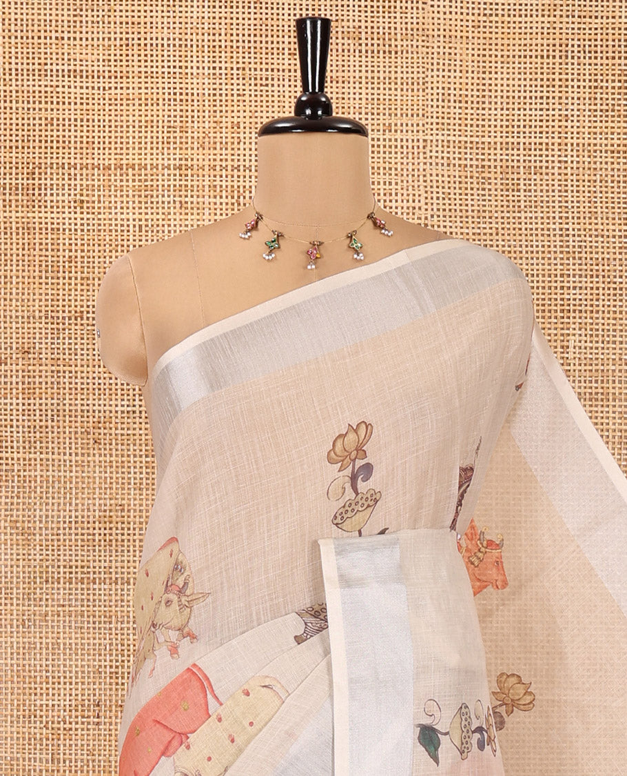 Cream Linen Saree Features Ancient Human Figurines, Floral, and Pichwai Cow, a Zari Border, Kalamkari Pallu, and Matching Blouse