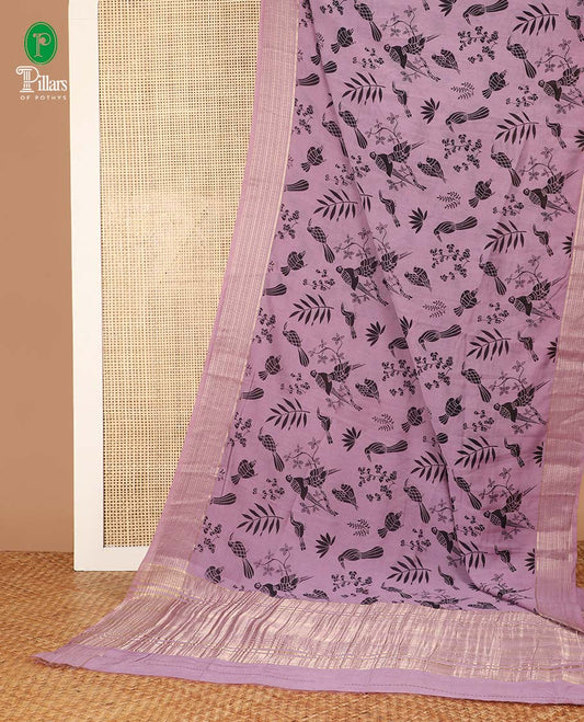 Purple birds printed assam silk saree with zari striped border & chit pallu along with butta printed blouse