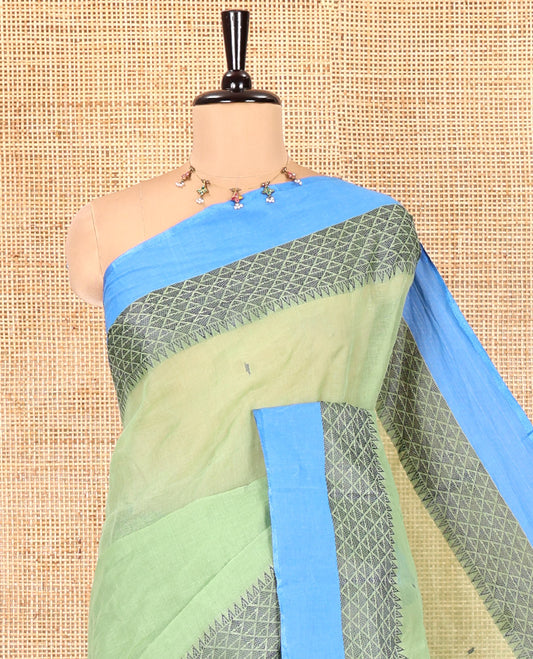 Pista Green Bengal Cotton Saree, Subtly Woven with Thread Buttas All Over Its Body, Complemented by a Contrast Border of Temple and Jaal Designs, Pallu of Stripes and Buttas, and Comes Without a Blouse