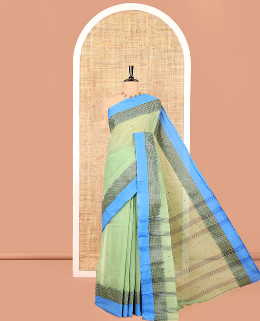 Pista Green Bengal Cotton Saree, Subtly Woven with Thread Buttas All Over Its Body, Complemented by a Contrast Border of Temple and Jaal Designs, Pallu of Stripes and Buttas, and Comes Without a Blouse