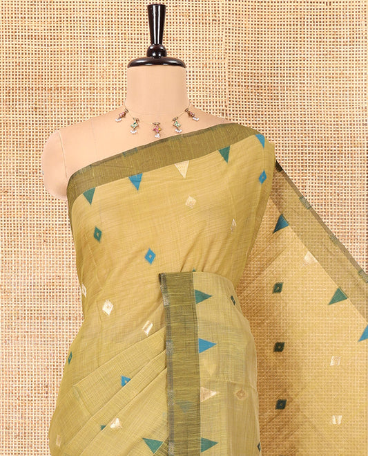 Mehendi Jute Cotton Saree, Adorned with Diamond Meena Buttas, a Contrast Border, Jamdhani Floral Pallu, and a Contrast Blouse