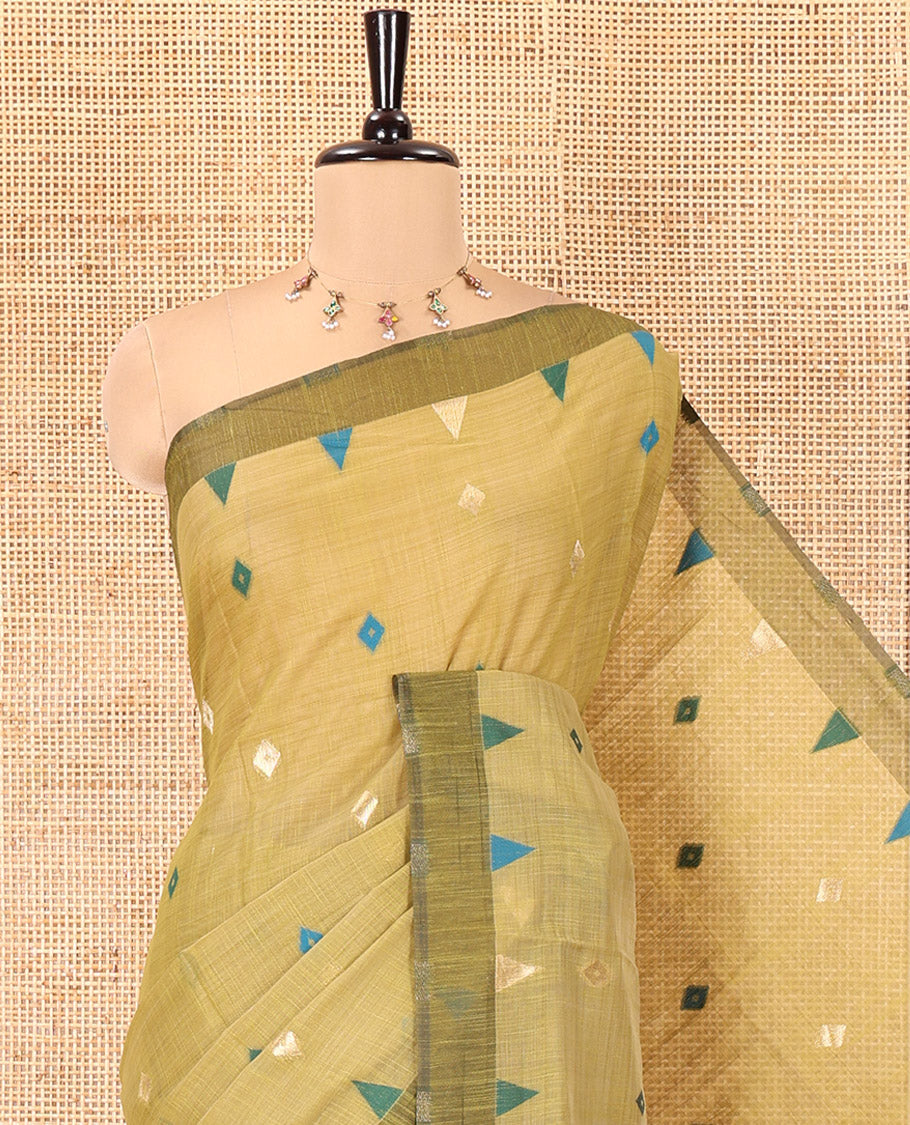 Mehendi Jute Cotton Saree, Adorned with Diamond Meena Buttas All Over Its Body, Complemented by a Contrast Border, Pallu of Jamdhani-Style Floral Designs, and Paired with a Contrast Blouse