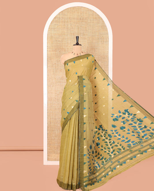 Mehendi Jute Cotton Saree, Adorned with Diamond Meena Buttas, a Contrast Border, Jamdhani Floral Pallu, and a Contrast Blouse