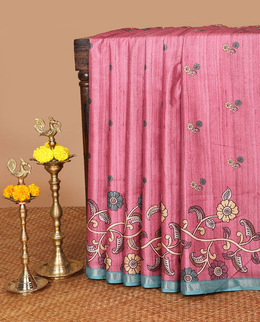 Onion pink floral digital printed semi tussar silk saree with kalamkari design border & kalamkari design pallu along with printed blouse