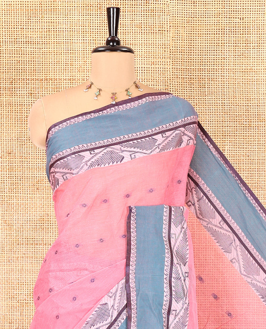 Light Pink Bengal Cotton Saree, Subtly Sparkled with Thread Buttas on Its Body, Complemented by Contrast Thread Border of Floral Creeper Designs, Pallu of Stripes and Buttas, and Paired with a Matching Blouse (Copy)