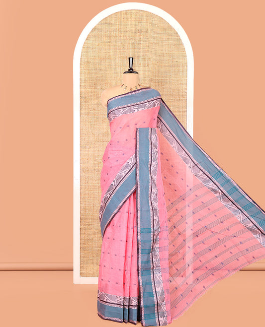 Light Pink Bengal Cotton Saree, Subtly Sparkled with Thread Buttas on Its Body, Complemented by Contrast Thread Border of Floral Creeper Designs, Pallu of Stripes and Buttas, and Paired with a Matching Blouse (Copy)