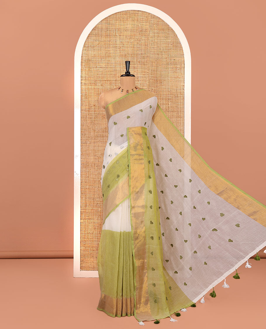 Cream and Pista Green Khadi Mul Cotton Saree, Adorned with Half-And-Half-Style and Heart Motifs Embroidery on Its Body, a Subtle Gold Zari Border, a Self-Pallu, and Has No Blouse