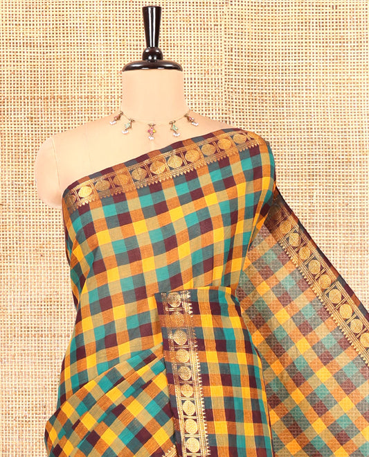 Yellow-Green Chettinad Cotton Saree, Elevated with Madras Checks, a Zari Rudraksham Border, and No Blouse