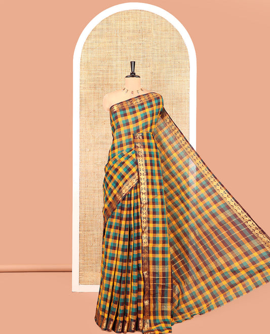 Yellow-Green Chettinad Cotton Saree, Elevated with Madras Checks, a Zari Rudraksham Border, and No Blouse