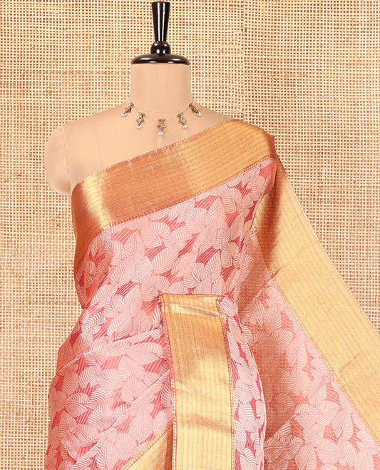 Pink Tissue Saree, Gleamed Up with Leaf Jacquard Design, Zari Traditional Border, a Self-Pallu, and a Matching Blouse