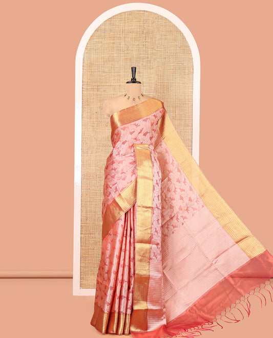Pink Tissue Saree, Gleamed Up with Leaf Jacquard Design, Zari Traditional Border, a Self-Pallu, and a Matching Blouse