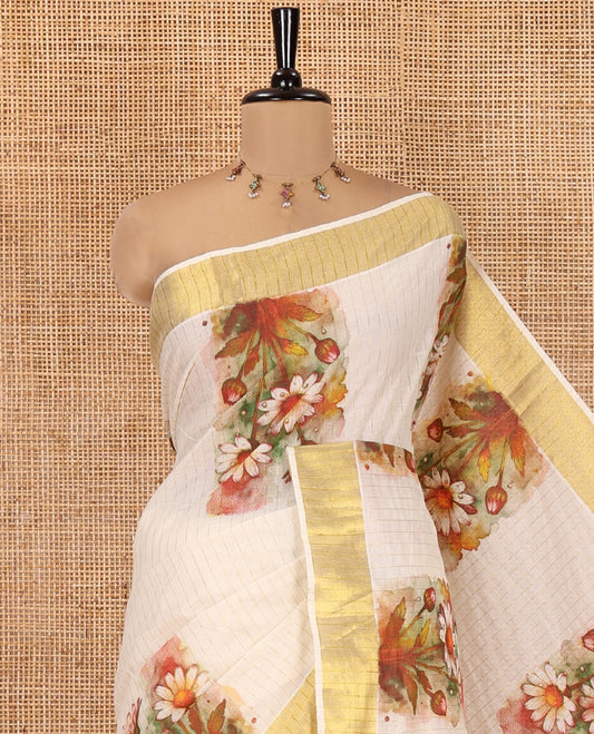 Cream Kerala Cotton Saree, Accentuated with Checks and Floral Zari Buttas, a Zari Border, a Self-Pallu and a Matching Blouse
