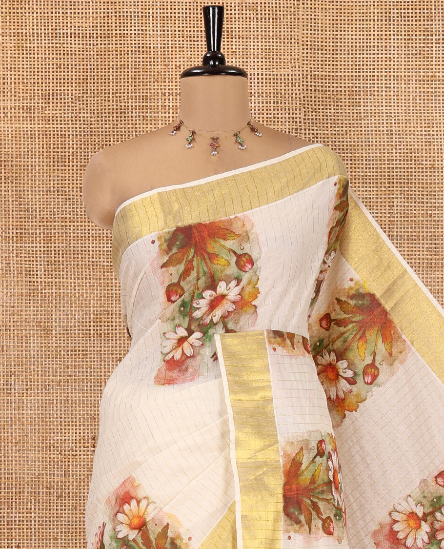 Cream Kerala Cotton Saree, Accentuated with Checks and Floral Zari Buttas, a Zari Border, a Self-Pallu and a Matching Blouse