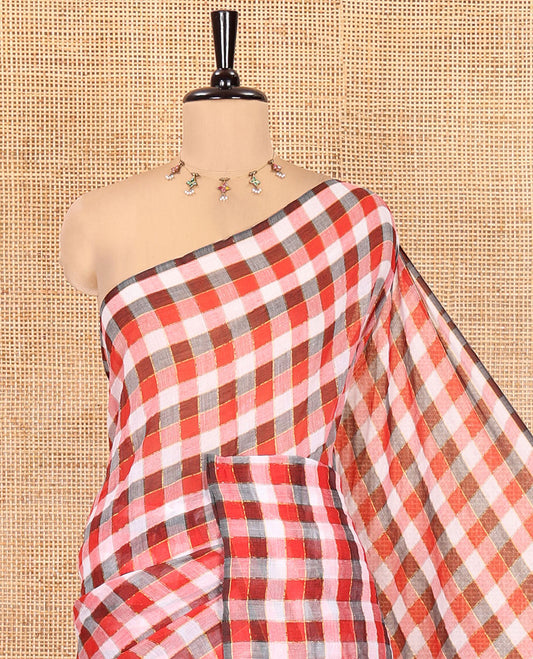Borderless Red-Black Khadi Mul Cotton Saree , Adorned with Vintage-Style Micro-Checks, a Self-Pallu, and No Blouse