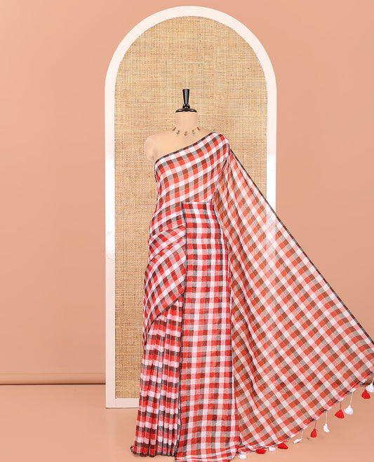 Borderless Red-Black Khadi Mul Cotton Saree , Adorned with Vintage-Style Micro-Checks, a Self-Pallu, and No Blouse