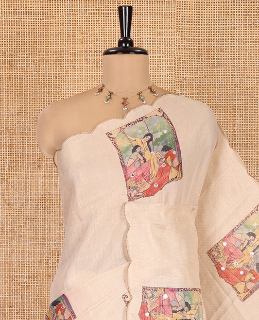 Gold Tissue Saree, Creatively Designed with Female Motifs Painting and Mirror work, a Scallop Border,  and a Printed Blouse