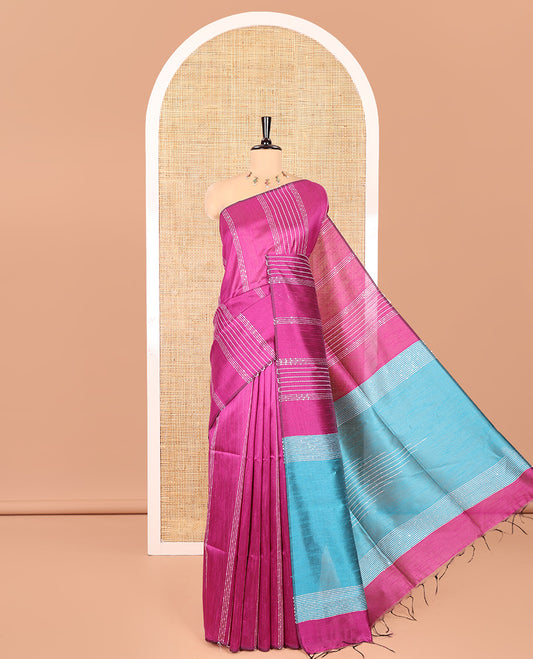 Borderless Magenta Semi-Raw Silk Saree, Decorated with Sequined Stripes, a Contrast Zari Striped Pallu, and Contrast Blouse
