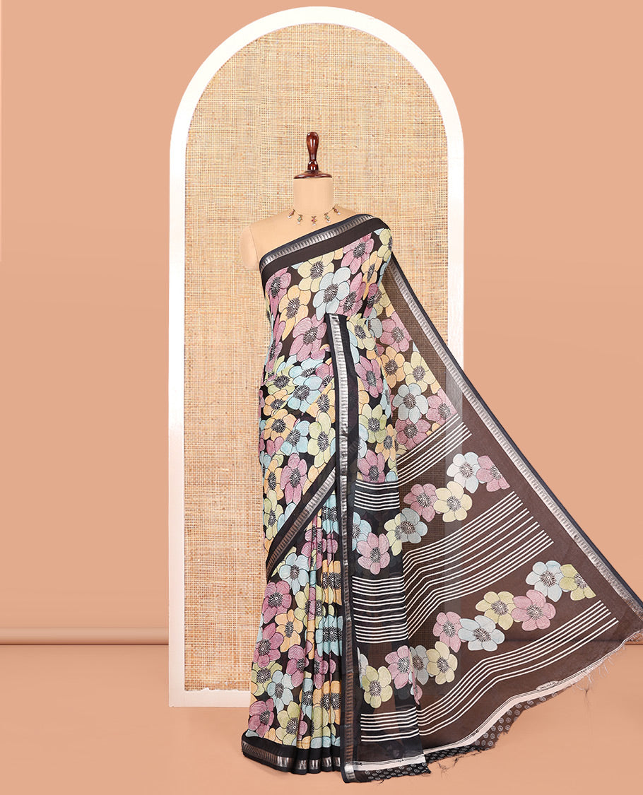 Black Georgette Saree Features Colorful Floral Print, a Zari Temple Border, a Printed Pallu, and a Matching Blouse
