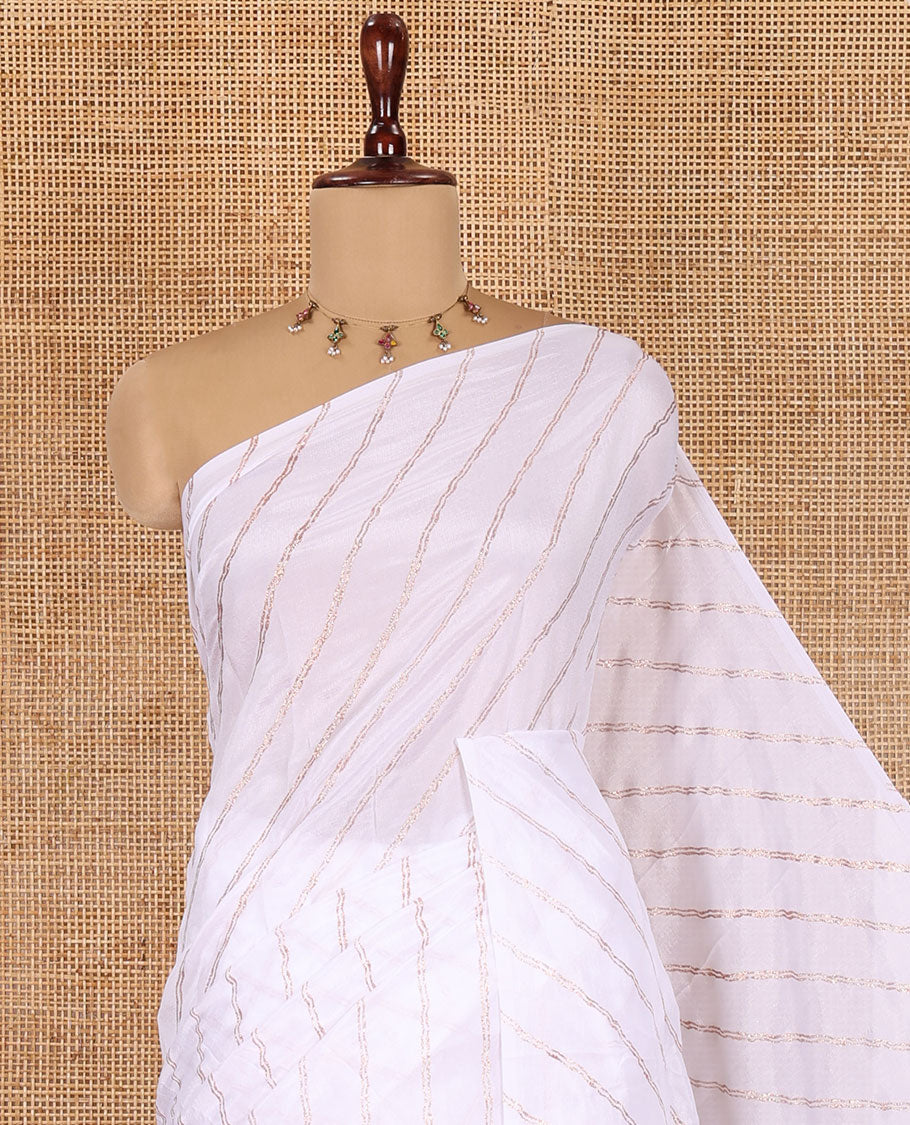 Borderless White-Maroon Rangoli Chiffon Saree, Gleamed Up with Foil-Printed Leheriya Stripes, a Contrast Sequins Blouse