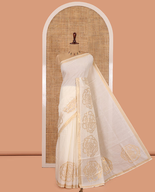 Cream Plain Chanderi Cotton Saree, Highlighted by Floral Motifs Border, a Self-Pallu, and a Matching Blouse