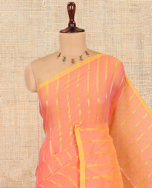 Borderless Pink Khadi Mul Cotton Saree, Adorned with Vertical Zari Stripes, a Self-Pallu, and No Blouse