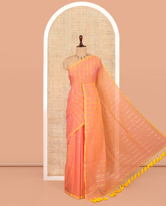 Borderless Pink Khadi Mul Cotton Saree, Adorned with Vertical Zari Stripes, a Self-Pallu, and No Blouse