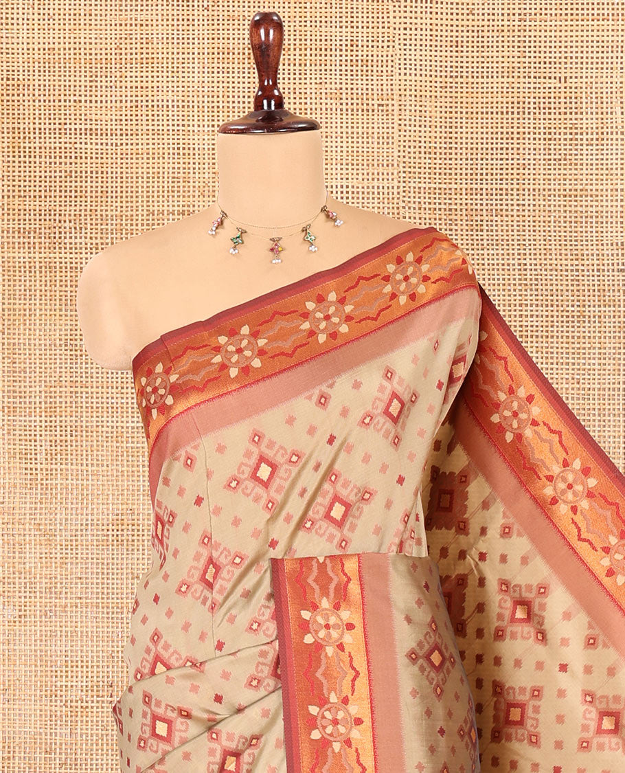Chikku Elite Soft Silk Saree, Adorned with Pochampally-Style Ikat Thread Weave, Contrast Chakra Border, Floral Pallu, and a Contrast Blouse
