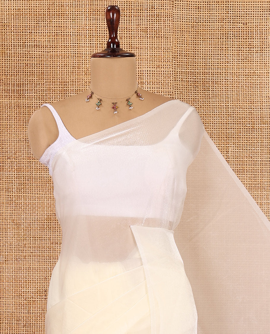 Borderless Off-White Plain Fendi Chiffon Saree, a Self-Pallu, and a Matching Peacock Embroidered Blouse