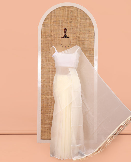 Borderless Off-White Plain Fendi Chiffon Saree, a Self-Pallu, and a Matching Peacock Embroidered Blouse