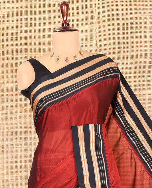 Maroon Plain Mercerised Cotton Saree, Contrast Traditional Thread Temple Border, Striped Pallu, and a Matching Blouse