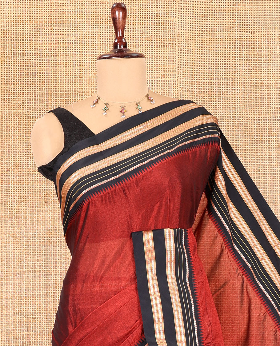 Maroon Plain Mercerised Cotton Saree, Contrast Traditional Thread Temple Border, Striped Pallu, and a Matching Blouse