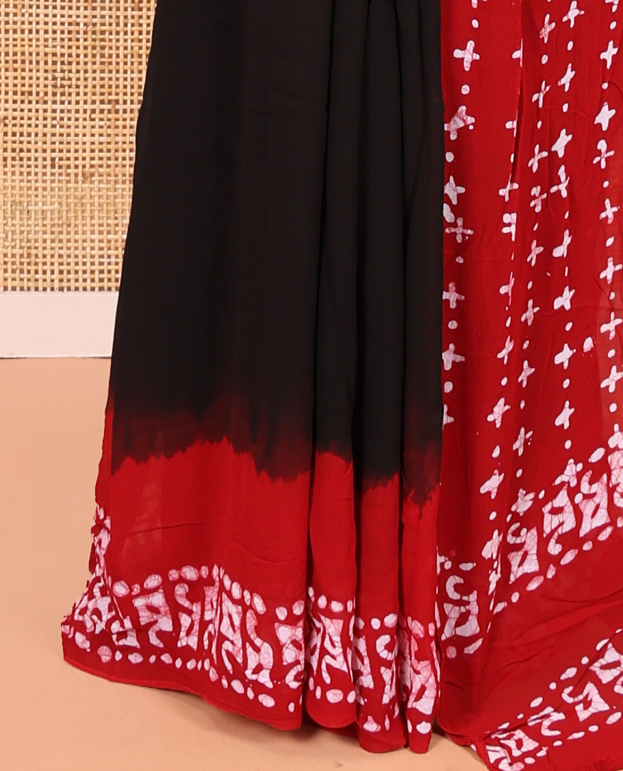 Black-Red Plain 60gm Georgette Saree, Contrast Batik Printed Border, Batik Printed Pallu, and a Matching Blouse