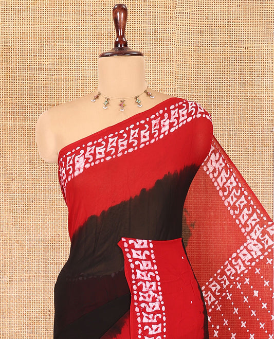 Black-Red Plain 60gm Georgette Saree, Contrast Batik Printed Border, Batik Printed Pallu, and a Matching Blouse