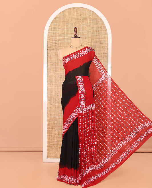 Black-Red Plain 60gm Georgette Saree, Contrast Batik Printed Border, Batik Printed Pallu, and a Matching Blouse