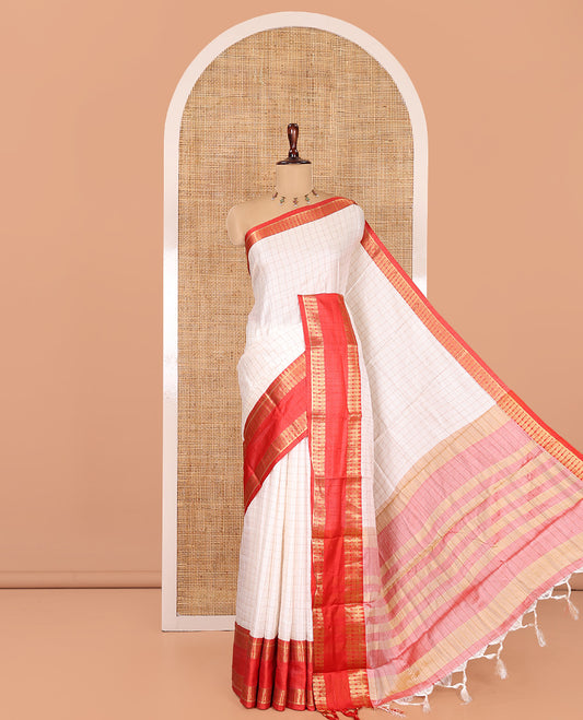 Cream-Red Checked Art Soft Silk Saree, Complemented by Contrast Traditional Retai Pettu Border, Striped Pallu, and a Contrast Blouse