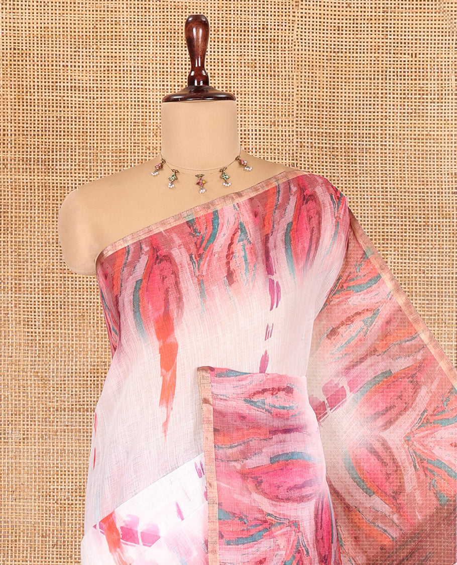 White-Magenta Linen Cotton Saree, Adorned with Shibori Print, Complemented by a Contrast-Printed Border and a Contrast Blouse