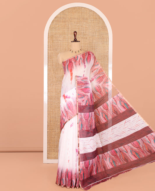 White-Magenta Linen Cotton Saree, Adorned with Shibori Print, Complemented by a Contrast-Printed Border and a Contrast Blouse