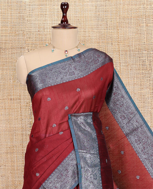 Maroon Semi-Raw Silk Saree Features Thread Buttas, Contrast Intricate Border, Striped Pallu, and a Contrast Blouse
