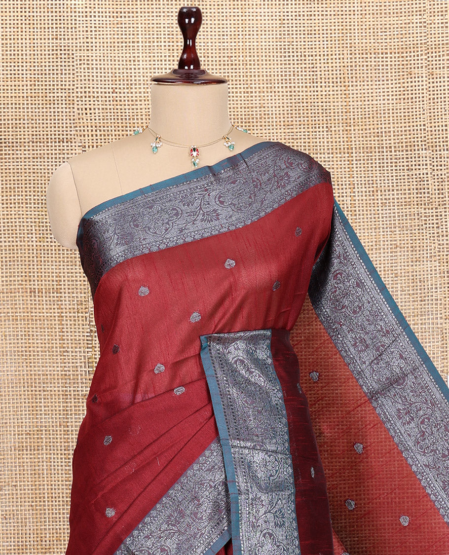 Maroon Semi-Raw Silk Saree Features Thread Buttas, Contrast Intricate Border, Striped Pallu, and a Contrast Blouse