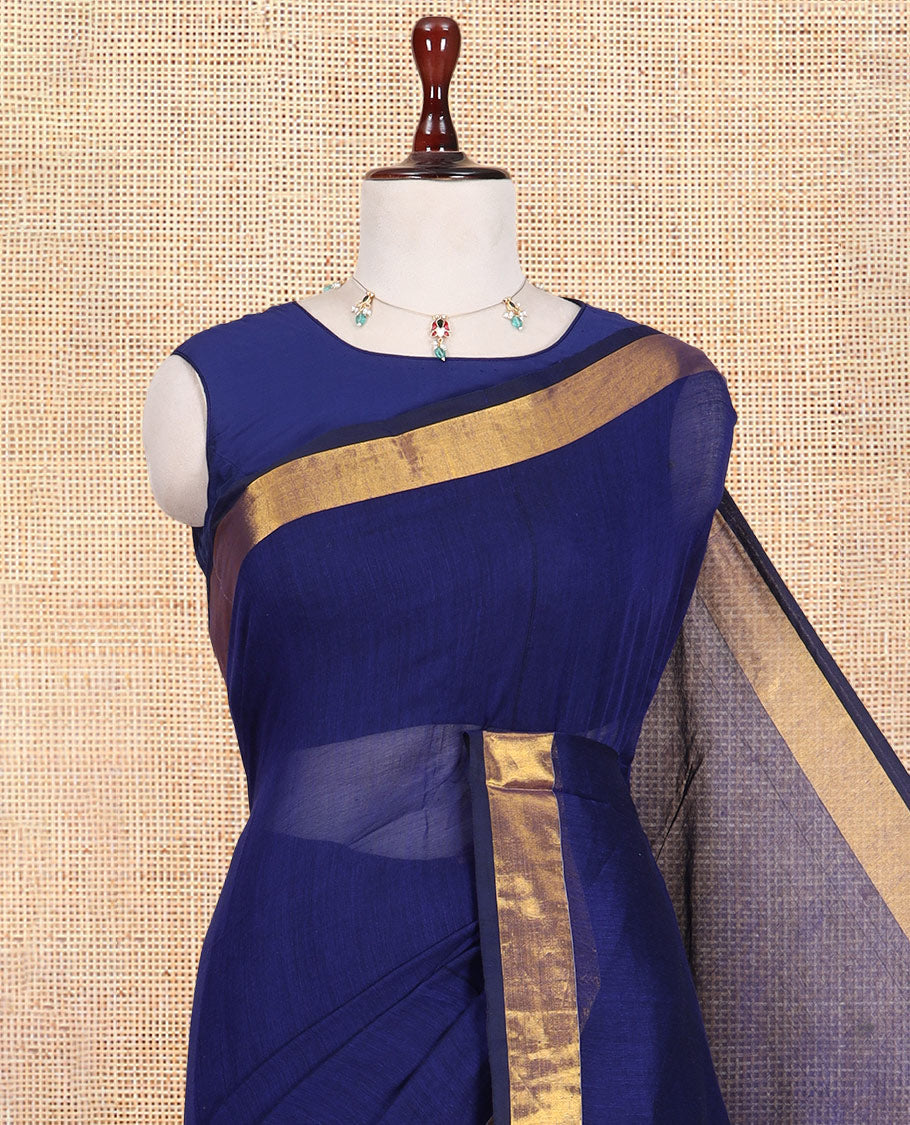 Blue Plain Khadi Mul Cotton Saree, a Gold Zari Border, Sequins Striped Pallu, and a Matching Blouse
