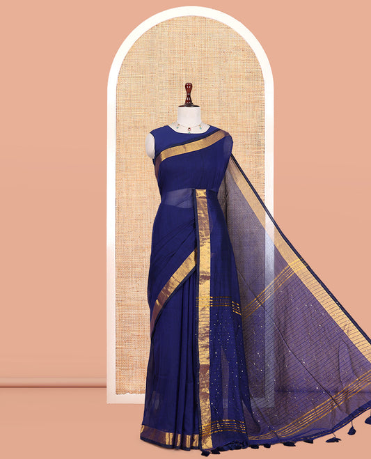 Blue Plain Khadi Mul Cotton Saree, a Gold Zari Border, Sequins Striped Pallu, and a Matching Blouse