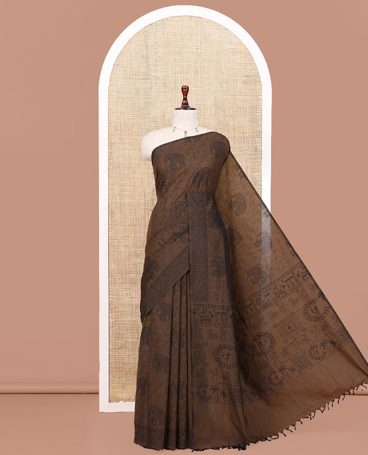 Brown South Cotton Saree Features Leaf and Elephant Motifs Print, a Subtle Printed Border, and a Matching Blouse