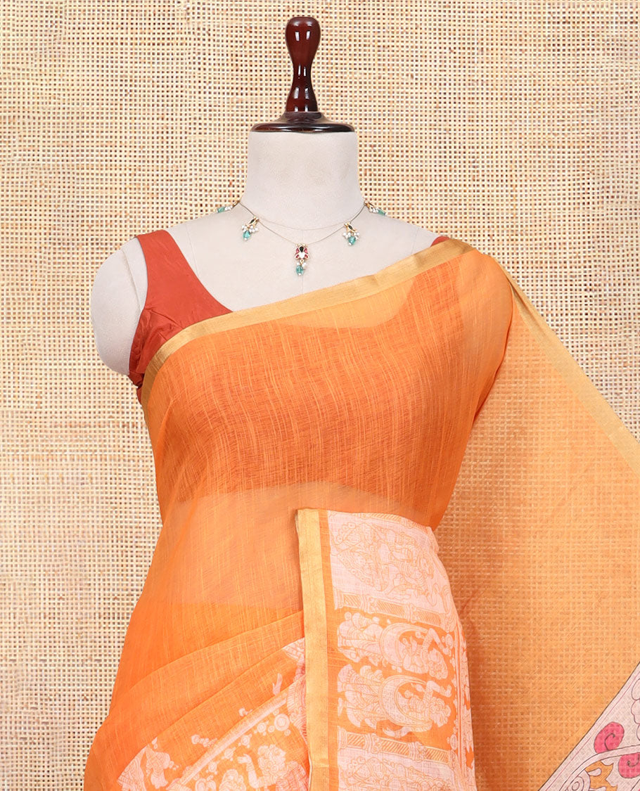Orange  Linen Cotton Saree Features Kalamkari-Style Human Motifs Print, a Piping Border, Contrast Printed Pallu, and Contrast Blouse