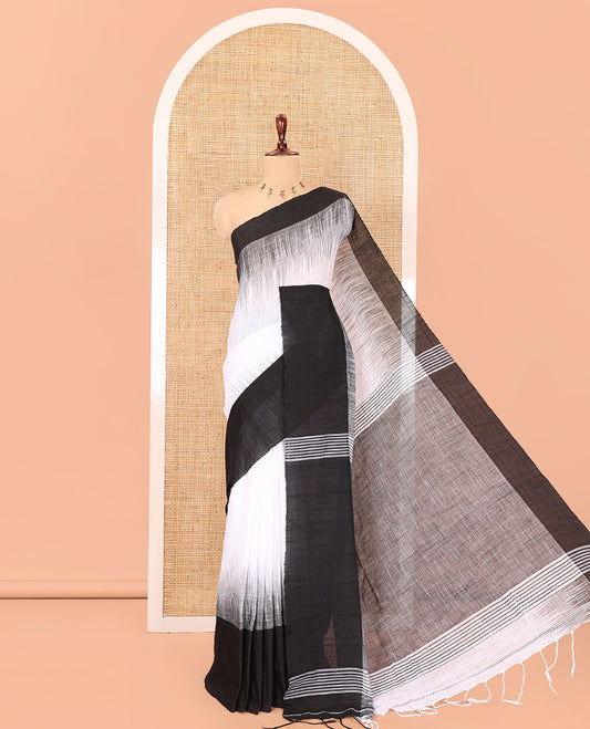 White Ikkat Weave Khadi Linen Saree, Complemented by a Contrast Border, and a Contrast Blouse