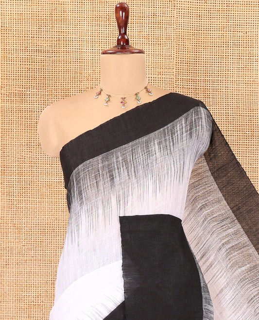 White Ikkat Weave Khadi Linen Saree, Complemented by a Contrast Border, and a Contrast Blouse